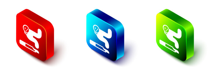 Isometric Cigarette icon isolated on white background. Tobacco sign. Smoking symbol. Red, blue and green square button. Vector