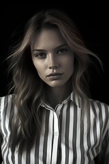 Model in a Timeless Black and White Striped Shirt, Generative AI