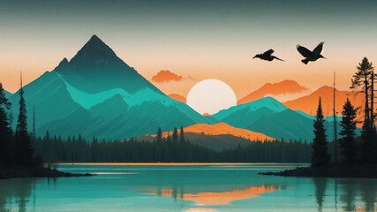 a painting of a mountain lake with birds flying over it at sunset
