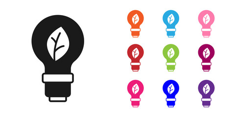 Fototapeta premium Black Light bulb with leaf icon isolated on white background. Eco energy concept. Alternative energy concept. Set icons colorful. Vector
