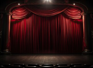 Darkened empty movie theatre and stage with the red curtains drawn viewed over rows of vacant seats from the rear Created with Generative AI technology.