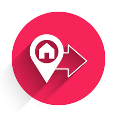 White Map pointer with house icon isolated with long shadow background. Home location marker symbol. Red circle button. Vector