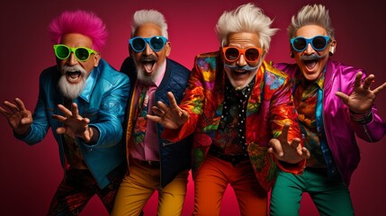 group of old hipster chic retired male man in stylish colorful cloth and hair coloured relax funny casual action photo shoot in studio shooting,ai generate