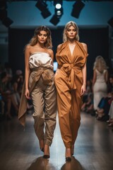 Fototapeta na wymiar shot of two fashion models showing off their clothing on a runway