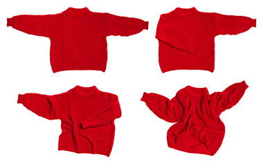Red knitted sweater isolated on white background. With clipping path. Cut out cotton wool sweater, cardigan, pullover, jacket. Clothing, object for design. Mockup. Clothes levitation concept