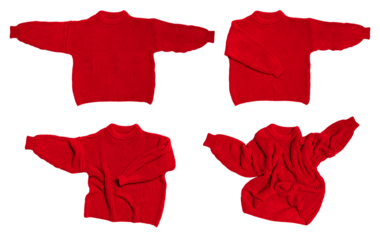 Red knitted sweater isolated on white background. With clipping path. Cut out cotton wool sweater, cardigan, pullover, jacket. Clothing, object for design. Mockup. Clothes levitation concept