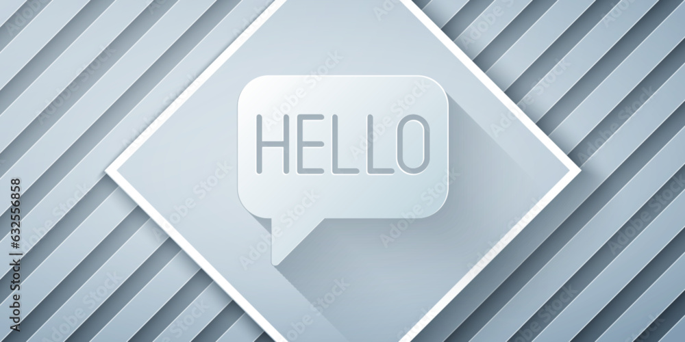 Poster paper cut hello in different languages icon isolated on grey background. speech bubbles. paper art s