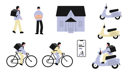 Food delivery characters illustration, food delivery driver, food delivery service.
