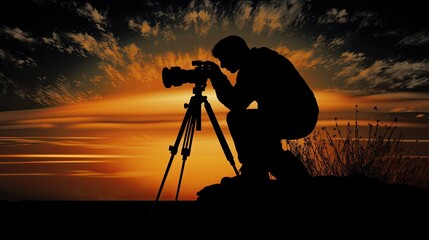 A photographer using a camera and tripod to capture silhouettes
