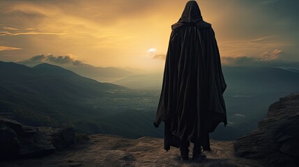 Silhouette of a medieval traveler standing on a mountain wearing a hooded cloak - obrazy, fototapety, plakaty