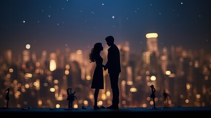 Romantic silhouettes in front of a nighttime cityscape featuring miniatures of realistic buildings with lights in a cartoon style