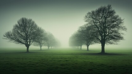 Fototapeta na wymiar Dutch landscape with misty weather and trees on a green field
