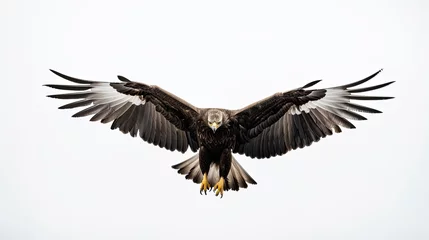 Foto op Canvas Silhouette of majestic white tailed eagle in flight against a white background in Hokkaido Japan captured in a stunning long exposure photo perfect for wallpaper or wildlif © HN Works
