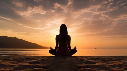 Woman practicing mantra yoga meditation outdoors on the beach at sunset achieving peaceful relaxation and spiritual well being