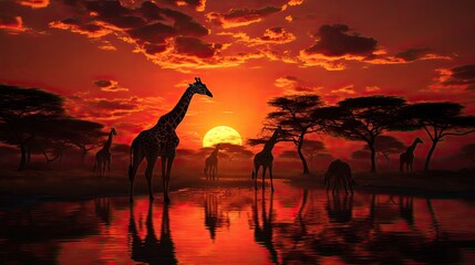 Giraffes in Africa during sunset