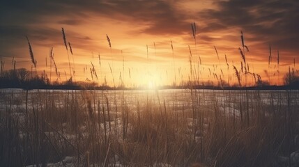 Winter field at sunset with grunge style - obrazy, fototapety, plakaty