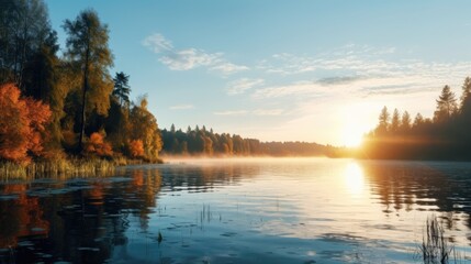 Fototapeta premium Autumn river landscape in Belarus or European part of Russia at sunset with sun shining over blue water at sunrise Nature on a sunny morning with woods and orange foliage o