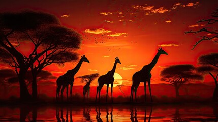 Naklejka na ściany i meble Giraffes in Africa during sunset