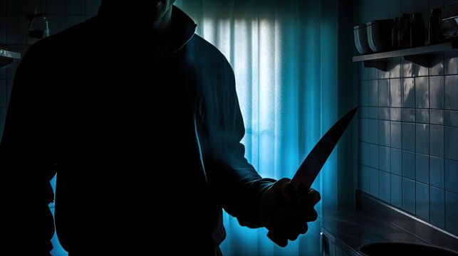 Man holding knife through frosted glass criminal or intruder