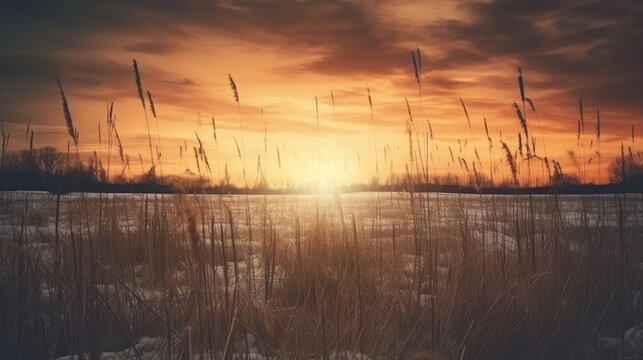 Winter field at sunset with grunge style