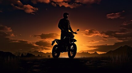 Fototapeta na wymiar Man wearing hat on off road motorbike at dusk