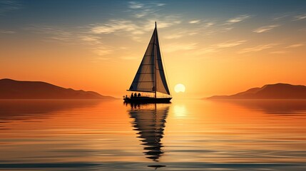 Sunset reflection of a sailing boat in water