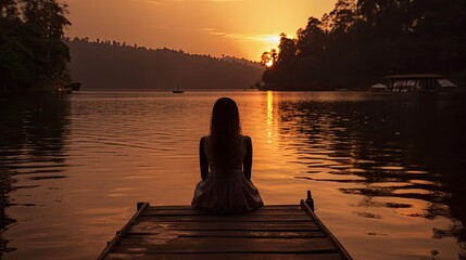 Woman sitting on dock at sunset on Lake Bunyonyi Uganda Africa in a tranquil scene