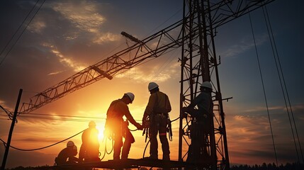 Electricians install wires and equipment on tall towers