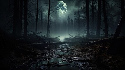 Fototapeta premium Mysterious forest with a moonlit path fog and a Halloween backdrop hint