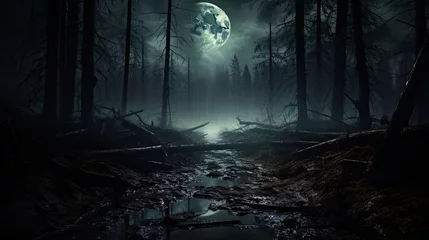 Fotobehang Sprookjesbos Mysterious forest with a moonlit path fog and a Halloween backdrop hint