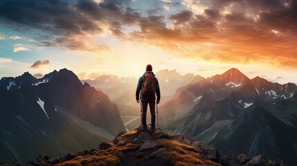 Silhouette of man on cliff enjoying sunset view in mountains during summer