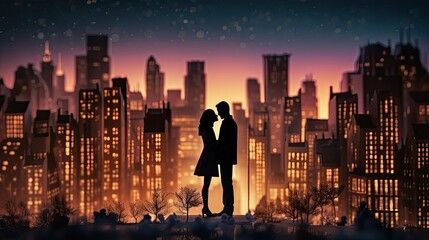 Romantic silhouettes in front of a nighttime cityscape featuring miniatures of realistic buildings with lights in a cartoon style