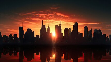 Tall building and city silhouettes at sunset