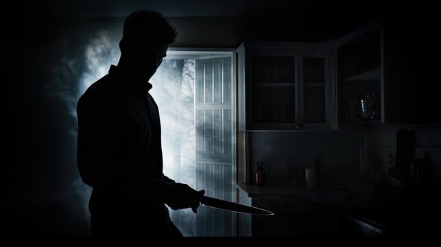Man holding knife through frosted glass criminal or intruder