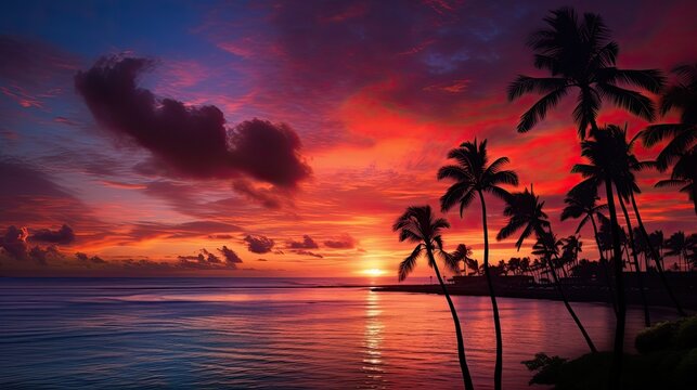 Colorful dramatic sunset sky over Waikiki with palm tree silhouettes ocean foreground