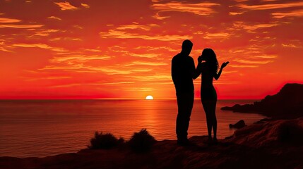 Fototapeta premium Unforgettable romantic moment as a non recognizable couple takes a selfie with a smartphone at a famous sunset point in Sardinia Italy