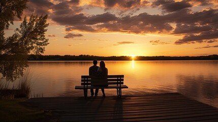 Fototapeta na wymiar Two people sitting on a bench on a dock admiring the sunset over a lovely lake in Minnesota on a calm and peaceful evening in golden hour