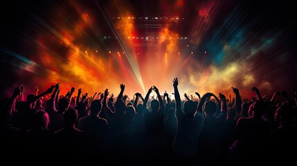 Cheering crowd illuminated by vibrant stage lights at concert