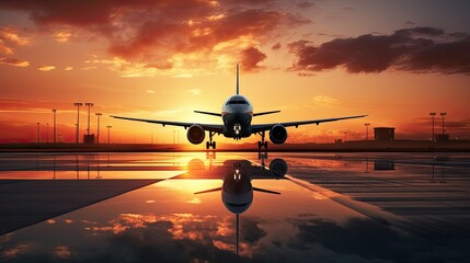 Plane landing at airport during sunset with silhouette