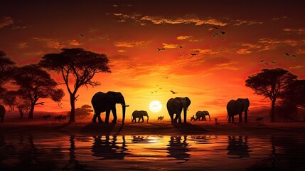 Fototapeta na wymiar Silhouetted African wild animals at sunset