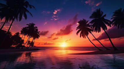 Fototapeta na wymiar Tropical beach adorned by palm tree silhouettes during a magical sunset