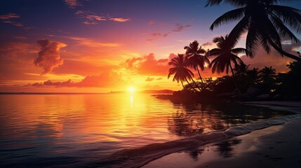 Tropical paradise at dusk with palm trees and ocean