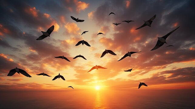 Group of birds soaring in the air outlined birds