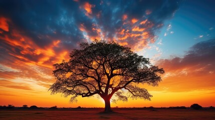 Fototapeta na wymiar Sunset or sunrise photo capturing the beauty of a tree against a colorful sky during Christmas festivals