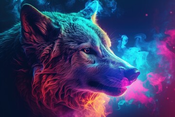 lone wolf with neon smoke around