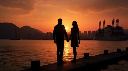 Romantic couple holding hands enjoying sunset at Western District Public Cargo Working Area Kennedy Town Victoria Harbour Hong Kong - obrazy, fototapety, plakaty