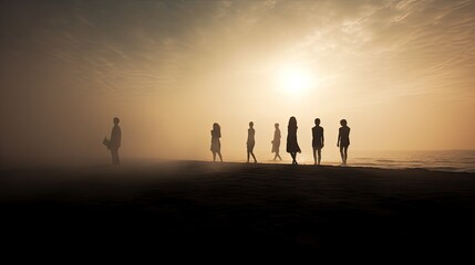 Fototapeta premium Silhouetted individuals on the beach during summer fog
