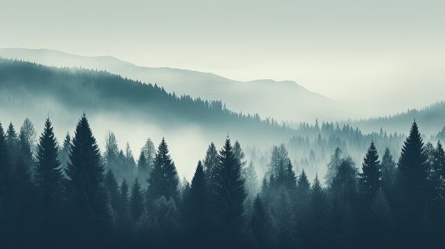 Fototapeta Fir forest on mountain slopes with misty fog and color toning