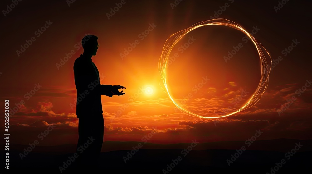 Poster man s hand holding a circle online networking futuristic technology concept at sunset