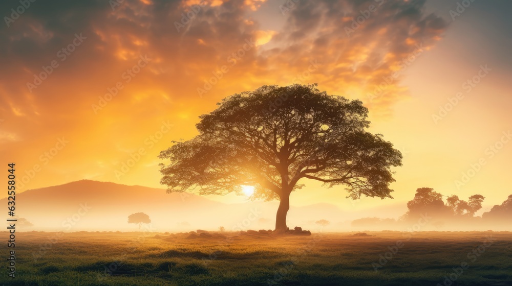 Aufkleber gorgeous dawn behind tall trees in spring with mist silhouette of large tree with sun shining savann